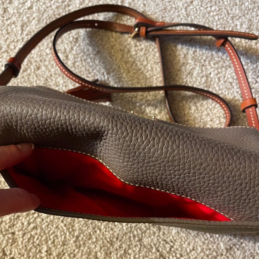 Dooney & Bourke Pebble Leather Crossbody Bag in Taupe with Orange Strap - Picture 4 of 4